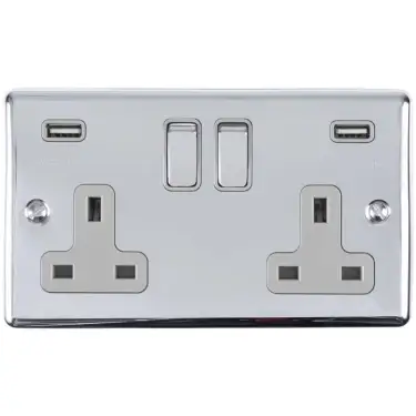 Click Here To Enlarge This Photo Of EN2USBPCG - Eurolite 2 Gang 13Amp Switched Socket with Comb 3.1 Amp USB Outlets Polished Chrome with Grey Trim (Enhance Range)