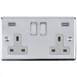 EN2USBPCG - Eurolite 2 Gang 13Amp Switched Socket with Comb 3.1 Amp USB Outlets Polished Chrome with Grey Trim (Enhance Range)