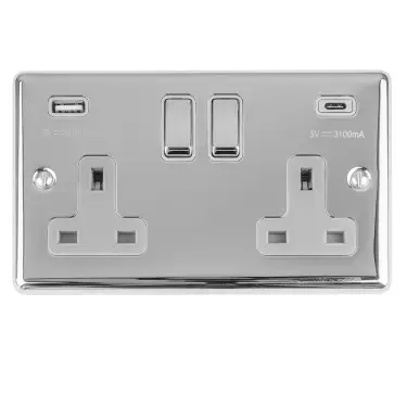 Click Here To Enlarge This Photo Of EN2USBCPCG - Eurolite 2 Gang 13Amp Switched Socket with 3.1Amp USB Outlets (1x Type A + 1x Type C) Polished Chrome with Grey Trim (Enhance Range)