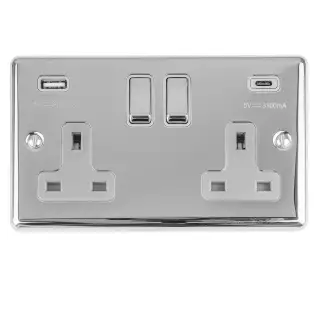EN2USBCPCG - Eurolite 2 Gang 13Amp Switched Socket with 3.1Amp USB Outlets (1x Type A + 1x Type C) Polished Chrome with Grey Trim (Enhance Range)
