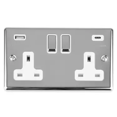 Click Here To Enlarge This Photo Of EN2USBCPCW - Eurolite 2 Gang 13Amp Switched Socket with 3.1Amp USB Outlets (1x Type A + 1x Type C) Polished Chrome with White Trim (Enhance Range)