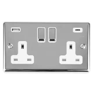 EN2USBCPCW - Eurolite 2 Gang 13Amp Switched Socket with 3.1Amp USB Outlets (1x Type A + 1x Type C) Polished Chrome with White Trim (Enhance Range)