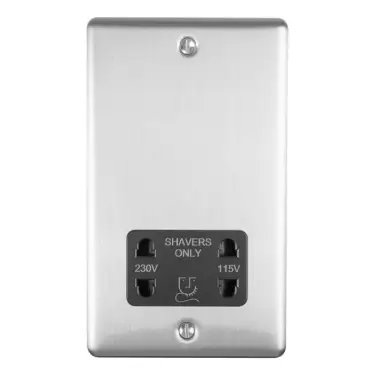 Click Here To Enlarge This Photo Of ENSHSSSB - Eurolite 2 Gang Shaver Socket 230/115V Satin Stainless Steel with Black Trim (Enhance Range)