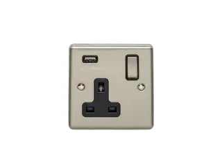EN1USBSSB - Eurolite 1 Gang 13Amp Switched Socket with 2.1 Amp USB Outlet Satin Stainless Steel with Black Trim (Enhance Range)
