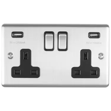 Click Here To Enlarge This Photo Of EN2USBSSB - Eurolite 2 Gang 13Amp Switched Socket with Comb 3.1 Amp USB Outlets Satin Stainless Steel with Black Trim (Enhance Range)