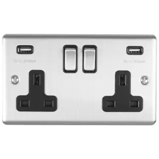 EN2USBSSB - Eurolite 2 Gang 13Amp Switched Socket with Comb 3.1 Amp USB Outlets Satin Stainless Steel with Black Trim (Enhance Range)