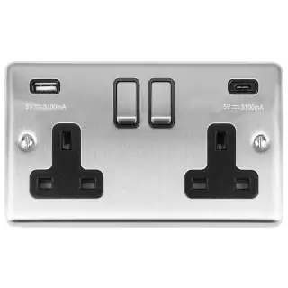 EN2USBCSSB - Eurolite 2 Gang 13Amp Switched Socket with 3.1Amp USB Outlets (1x Type A + 1x Type C) Satin Stainless Steel with Black Trim (Enhance Range)