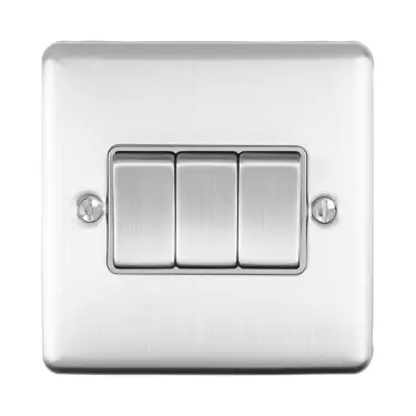 Click Here To Enlarge This Photo Of EN3SWSSG - Eurolite 3 Gang 10Amp 2Way Switch Satin Stainless Steel with Grey Trim (Enhance Range)