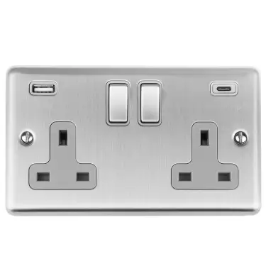 Click Here To Enlarge This Photo Of EN2USBCSSG - Eurolite 2 Gang 13Amp Switched Socket with 3.1Amp USB Outlets (1x Type A + 1x Type C) Satin Stainless Steel with Grey Trim (Enhance Range)
