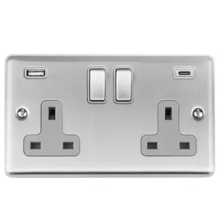 EN2USBCSSG - Eurolite 2 Gang 13Amp Switched Socket with 3.1Amp USB Outlets (1x Type A + 1x Type C) Satin Stainless Steel with Grey Trim (Enhance Range)
