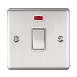 EN20ASWNSSW - Eurolite 1 Gang 20Amp DP Switch with Neon Indicator Satin Stainless Steel with White Trim (Enhance Range)