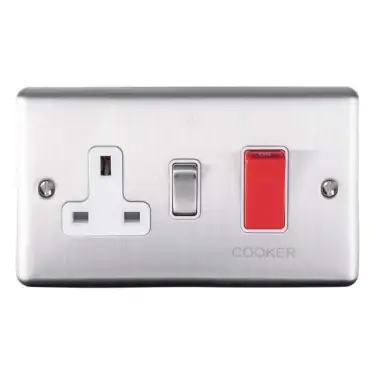 Click Here To Enlarge This Photo Of EN45ASWASSSW - Eurolite 45Amp DP Cooker Switch with 13Amp Socket Satin Stainless Steel with White Trim (Enhance Range)