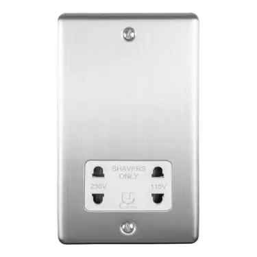 Click Here To Enlarge This Photo Of ENSHSSSW - Eurolite 2 Gang Shaver Socket 230/115V Satin Stainless Steel with White Trim (Enhance Range)