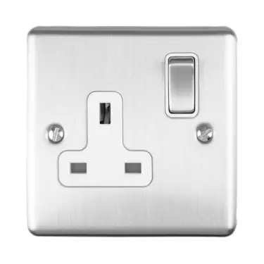 Click Here To Enlarge This Photo Of EN1SOSSW - Eurolite 1 Gang 13Amp DP Switched Socket Satin Stainless Steel with White Trim (Enhance Range)