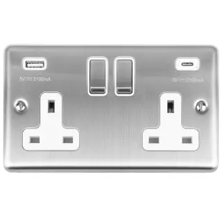 EN2USBCSSW - Eurolite 2 Gang 13Amp Switched Socket with 3.1Amp USB Outlets (1x Type A + 1x Type C) Satin Stainless Steel with White Trim (Enhance Range)