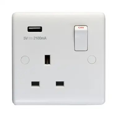 Click Here To Enlarge This Photo Of PL4610 - Eurolite Enhance White Plastic 13Amp 1 Gang Switched Socket with USB Charger (5V DC 2.1A)