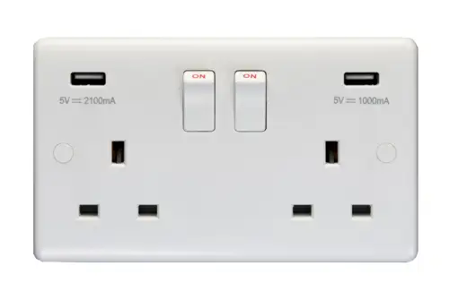 Click Here To Enlarge This Photo Of PL4620 - Eurolite Enhance White Plastic 13Amp 2 Gang Switched Socket with Dual USB Charger (5V DC 3.1A shared)