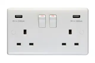 PL4620 - Eurolite Enhance White Plastic 13Amp 2 Gang Switched Socket with Dual USB Charger (5V DC 3.1A shared)