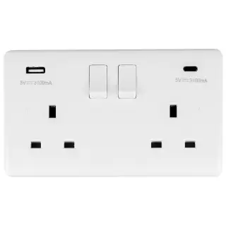PL4620C - Eurolite Enhance White Plastic 13Amp 2 Gang Switched Socket with USB Outlets (1x Type A + 1x Type C)