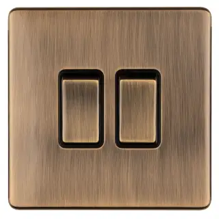 AB2SWB - Eurolite 2 Gang 10Amp 2Way Switch on 3mm Flat Concealed Antique Brass Plate with Matching Rockers