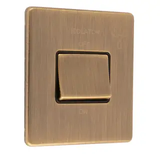 ABFSWB - Eurolite 6Amp Fan Isolator Switch on 3mm Flat Concealed Antique Brass Plate with Matching Rocker