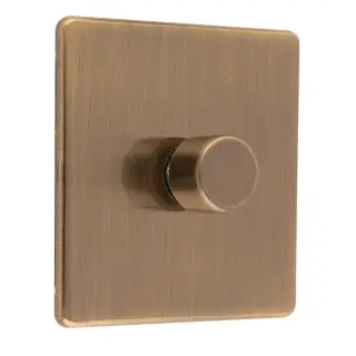 AB1DLED - Eurolite 1 Gang LED Push On/Off 2Way Dimmer on 3mm Flat Concealed Antique Brass Plate with Matching Knob