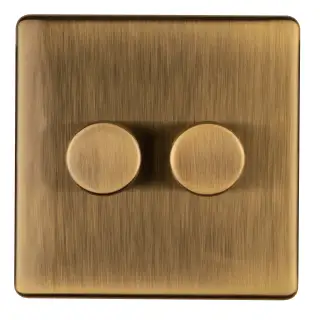 AB2DLED - Eurolite 2 Gang LED Push On/Off 2Way Dimmer on 3mm Flat Concealed Antique Brass Plate with Matching Knobs