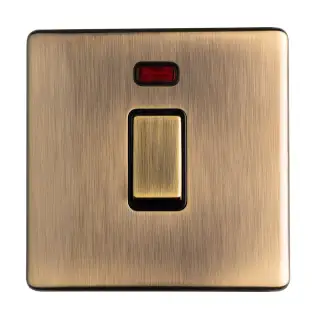 AB20ADPSWNB - Eurolite 1 Gang 20Amp DP Switch & Neon Indicator on 3mm Flat Concealed Antique Brass Plate with Matching Rocker