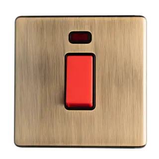 AB45ASWNSB - Eurolite 1 Gang 45Amp DP Switch with Neon Indicator on 3mm Flat Concealed Antique Brass Plate with Red Rocker