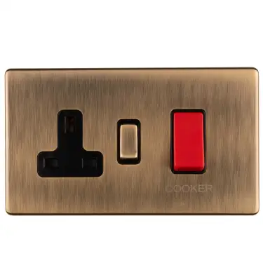 Click Here To Enlarge This Photo Of AB45ASWASB - Eurolite 45Amp DP Cooker Switch with 13Amp Socket on 3mm Flat Concealed Antique Brass Plate with Matching Rocker