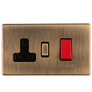 AB45ASWASB - Eurolite 45Amp DP Cooker Switch with 13Amp Socket on 3mm Flat Concealed Antique Brass Plate with Matching Rocker