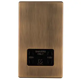 ABSHSB - Eurolite 2 Gang Shaver Socket 230/115V on 3mm Flat Concealed Antique Brass Plate with Black Trim