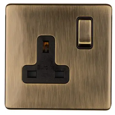 Click Here To Enlarge This Photo Of AB1SOB - Eurolite 1 Gang 13Amp DP Switched Socket on 3mm Flat Concealed Antique Brass Plate with Matching Rocker