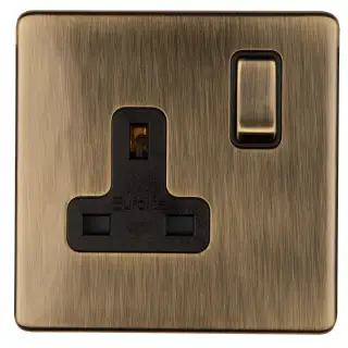 AB1SOB - Eurolite 1 Gang 13Amp DP Switched Socket on 3mm Flat Concealed Antique Brass Plate with Matching Rocker