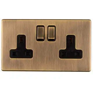 AB2SOB - Eurolite 2 Gang 13Amp DP Switched Socket on 3mm Flat Concealed Antique Brass Plate with Matching Rockers