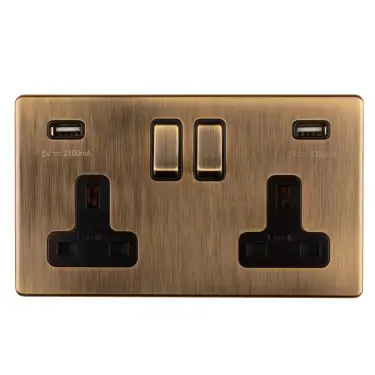 Click Here To Enlarge This Photo Of AB2USBB - Eurolite 2 Gang 13Amp Switched Socket with Combined 3.1 Amp USB Outlet on 3mm Flat Concealed Antique Brass Plate with Matching Rockers