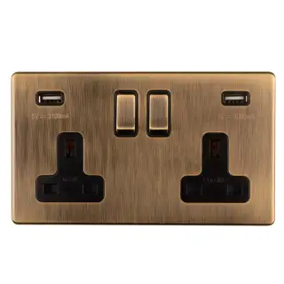 AB2USBB - Eurolite 2 Gang 13Amp Switched Socket with Combined 3.1 Amp USB Outlet on 3mm Flat Concealed Antique Brass Plate with Matching Rockers