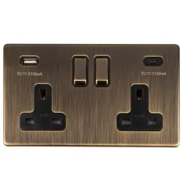 Click Here To Enlarge This Photo Of AB2USBCB - Eurolite 2 Gang 13Amp Switched Socket with 3.1Amp USB Outlet (1x Type A + 1x Type C) on 3mm Flat Concealed Antique Brass Plate with Matching Rockers
