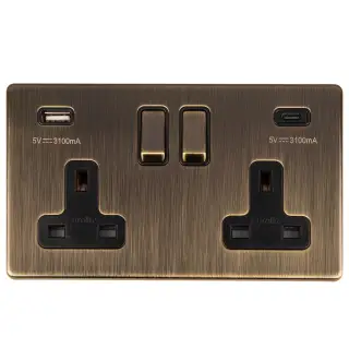 AB2USBCB - Eurolite 2 Gang 13Amp Switched Socket with 3.1Amp USB Outlet (1x Type A + 1x Type C) on 3mm Flat Concealed Antique Brass Plate with Matching Rockers