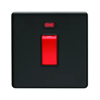 ECMB45ASWNSB - Eurolite 1 Gang 45Amp DP Switch with Neon Indicator on 3mm Flat Concealed Matt Black Plate with Red Rocker