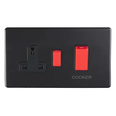Click Here To Enlarge This Photo Of ECMB45ASWASB - Eurolite 45Amp DP Cooker Switch with 13Amp Socket on 3mm Flat Concealed Matt Black Plate with Red Rockers