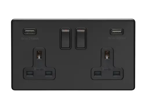 Click Here To Enlarge This Photo Of ECMB2USBB - Eurolite 2 Gang 13Amp DP Switched Socket with Combined 3.1 Amp USB Outlets on 3mm Flat Concealed Matt Black Plate with Black Rockers
