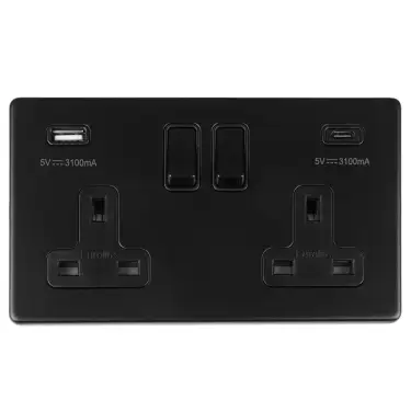 Click Here To Enlarge This Photo Of ECMB2USBCB - Eurolite 2 Gang 13Amp DP Switched Socket with 3.1Amp USB Outlets (1x Type A + 1x Type C) on 3mm Flat Concealed Matt Black Plate with Black Rockers