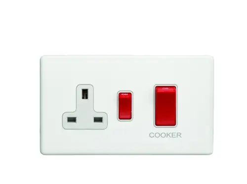 Click Here To Enlarge This Photo Of ECW45ASWASW - Eurolite 45Amp DP Cooker Switch with 13Amp Socket on 3mm Flat Concealed Matt White Plate with White Rockers