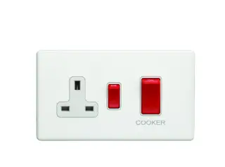 ECW45ASWASW - Eurolite 45Amp DP Cooker Switch with 13Amp Socket on 3mm Flat Concealed Matt White Plate with White Rockers