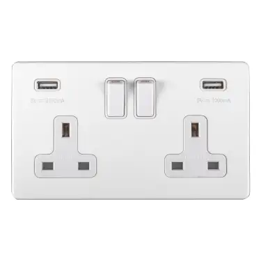 Click Here To Enlarge This Photo Of ECW2USBW - Eurolite 2 Gang 13Amp DP Switched Socket with Combined 3.1 Amp USB Outlets on 3mm Flat Concealed Matt White Plate with White Rockers
