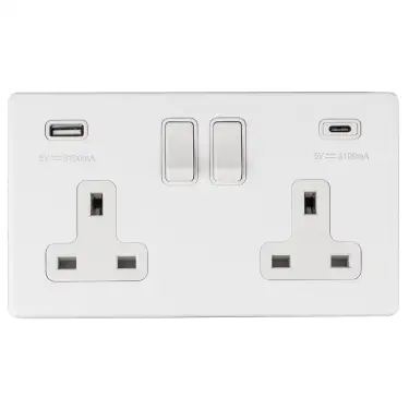 Click Here To Enlarge This Photo Of ECW2USBCW - Eurolite 2 Gang 13Amp DP Switched Socket with 3.1Amp USB Outlets (1x Type A + 1x Type C) on 3mm Flat Concealed Matt White Plate with White Rockers