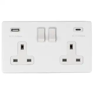 ECW2USBCW - Eurolite 2 Gang 13Amp DP Switched Socket with 3.1Amp USB Outlets (1x Type A + 1x Type C) on 3mm Flat Concealed Matt White Plate with White Rockers