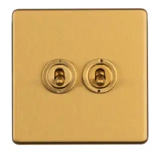 ECSBT2SW - Eurolite 2 Gang 10Amp 2Way Toggle Switch on 3mm Flat Concealed Satin Brass Plate with Black Rockers