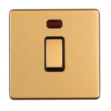Click Here To Enlarge This Photo Of ECSB20ADPSWNB - Eurolite 1 Gang 20Amp DP Switch & Neon Indicator on 3mm Flat Concealed Satin Brass Plate with Black Rocker
